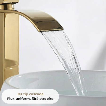 Baterie Chiuveta Baie Tip Cascada Monocomanda, Baterie Cascada Design Minimalist, Otel Inoxidabil Rezistent La Rugina, Baterie Chiuveta Baie Cu Racorduri Incluse, Burete Vileda Glitzi Inclus, Finisaj Auriu, Inaltime 30 Cm, Instalare Usoara [2]