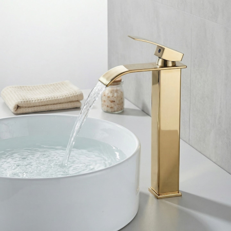 Baterie Chiuveta Baie Tip Cascada Monocomanda, Baterie Cascada Design Minimalist, Otel Inoxidabil Rezistent La Rugina, Baterie Chiuveta Baie Cu Racorduri Incluse, Burete Vileda Glitzi Inclus, Finisaj Auriu, Inaltime 30 Cm, Instalare Usoara [15]