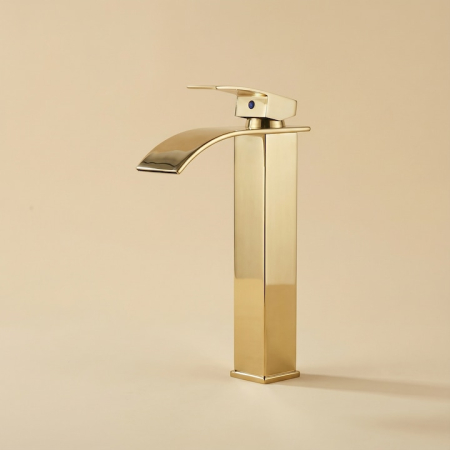 Baterie Chiuveta Baie Tip Cascada Monocomanda, Baterie Cascada Design Minimalist, Otel Inoxidabil Rezistent La Rugina, Baterie Chiuveta Baie Cu Racorduri Incluse, Burete Vileda Glitzi Inclus, Finisaj Auriu, Inaltime 30 Cm, Instalare Usoara [14]