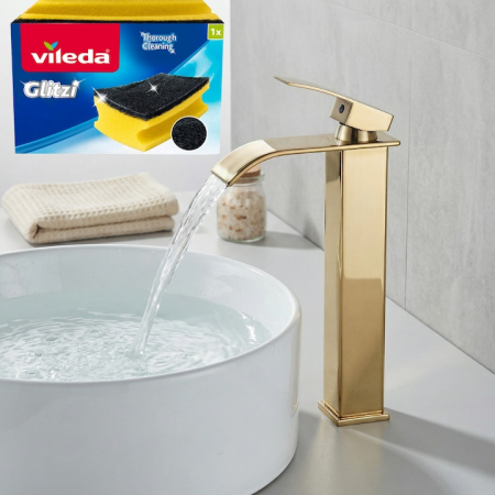 Casa & Gradina - Baterie Chiuveta Baie Tip Cascada Monocomanda, Baterie Cascada Design Minimalist, Otel Inoxidabil Rezistent La Rugina, Baterie Chiuveta Baie Cu Racorduri Incluse, Burete Vileda Glitzi Inclus, Finisaj Auriu, Inaltime 30 Cm, Instalare Usoara