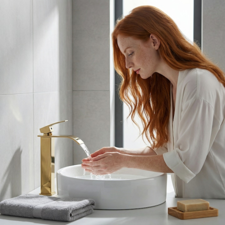 Baterie Chiuveta Baie Tip Cascada Monocomanda, Baterie Cascada Design Minimalist, Otel Inoxidabil Rezistent La Rugina, Baterie Chiuveta Baie Cu Racorduri Incluse, Burete Vileda Glitzi Inclus, Finisaj Auriu, Inaltime 30 Cm, Instalare Usoara [9]