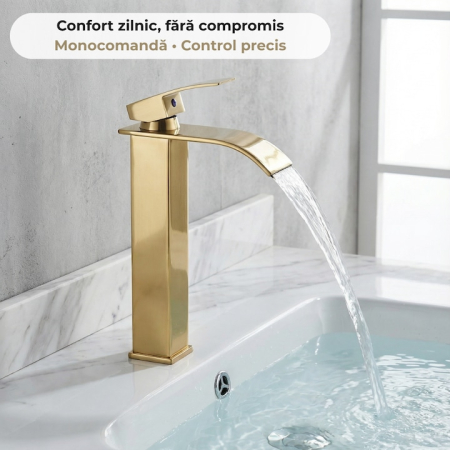 Baterie Chiuveta Baie Tip Cascada Monocomanda, Baterie Cascada Design Minimalist, Otel Inoxidabil Rezistent La Rugina, Baterie Chiuveta Baie Cu Racorduri Incluse, Burete Vileda Glitzi Inclus, Finisaj Auriu, Inaltime 30 Cm, Instalare Usoara [3]