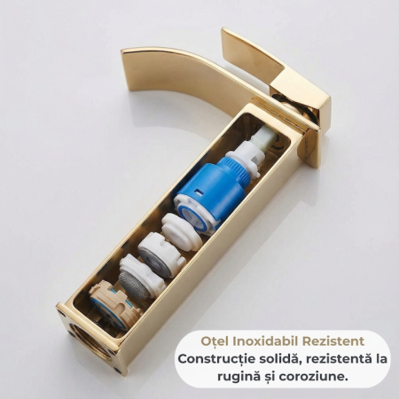 Baterie Chiuveta Baie Tip Cascada Monocomanda, Baterie Cascada Design Minimalist, Otel Inoxidabil Rezistent La Rugina, Baterie Chiuveta Baie Cu Racorduri Incluse, Burete Vileda Glitzi Inclus, Finisaj Auriu, Inaltime 30 Cm, Instalare Usoara [1]