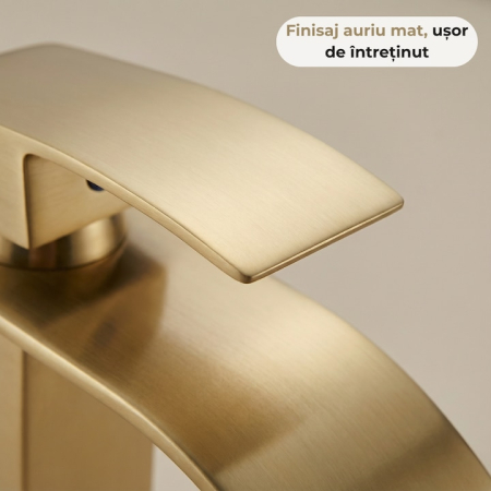 Baterie Chiuveta Baie Tip Cascada Monocomanda, Baterie Cascada Design Minimalist, Otel Inoxidabil Rezistent La Rugina, Baterie Chiuveta Baie Cu Racorduri Incluse, Burete Vileda Glitzi Inclus, Finisaj Auriu, Inaltime 30 Cm, Instalare Usoara [4]