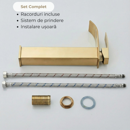 Baterie Chiuveta Baie Tip Cascada Monocomanda, Baterie Cascada Design Minimalist, Otel Inoxidabil Rezistent La Rugina, Baterie Chiuveta Baie Cu Racorduri Incluse, Burete Vileda Glitzi Inclus, Finisaj Auriu, Inaltime 30 Cm, Instalare Usoara [5]