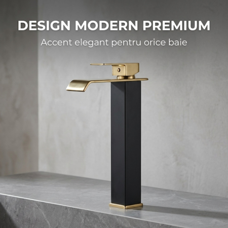 Baterie Lavoar Inalta Baie Design Modern Cascada Auriu Negru, Robinet Cu Cartus Ceramic, Debit Uniform, Comutare Usoara Apa Calda Rece, Corp Metalic Rezistent, Instalare Usoara Cu Accesorii Incluse, Cadou Burete Vileda Glitzi, 30 cm [4]