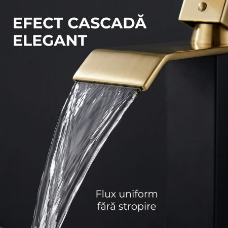 Baterie Lavoar Inalta Baie Design Modern Cascada Auriu Negru, Robinet Cu Cartus Ceramic, Debit Uniform, Comutare Usoara Apa Calda Rece, Corp Metalic Rezistent, Instalare Usoara Cu Accesorii Incluse, Cadou Burete Vileda Glitzi, 30 cm [2]