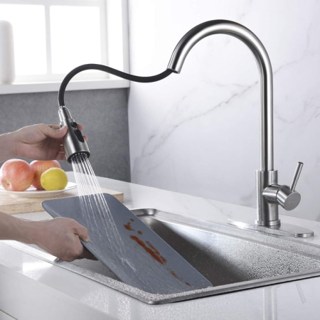 Baterie Premium pentru Chiuveta Bucatarie, SUPER TRENDS®, Duza Extractabila cu Furtun de 70 cm, Burete Vase Vileda Glitzi, Cartus Ceramic, Buton ON/OFF, 2 Tipuri Jet, Racorduri 60 cm Incluse, Pipa Inalta, Garnituri, Otel Inoxidabil, Argintiu Deschis [14]