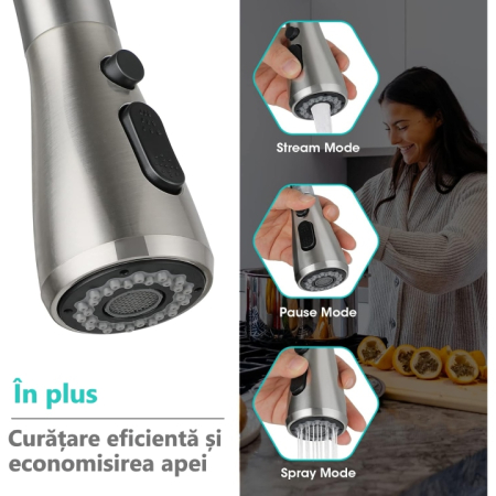 Baterie Premium pentru Chiuveta Bucatarie, SUPER TRENDS®, Duza Extractabila cu Furtun de 70 cm, Burete Vase Vileda Glitzi, Cartus Ceramic, Buton ON/OFF, 2 Tipuri Jet, Racorduri 60 cm Incluse, Pipa Inalta, Garnituri, Otel Inoxidabil, Argintiu Deschis [9]