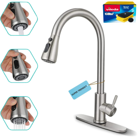 Casa & Gradina - Baterie Premium pentru Chiuveta Bucatarie, SUPER TRENDS®, Duza Extractabila cu Furtun de 70 cm, Burete Vase Vileda Glitzi, Cartus Ceramic, Buton ON/OFF, 2 Tipuri Jet, Racorduri 60 cm Incluse, Pipa Inalta, Garnituri, Otel Inoxidabil, Argintiu Deschis