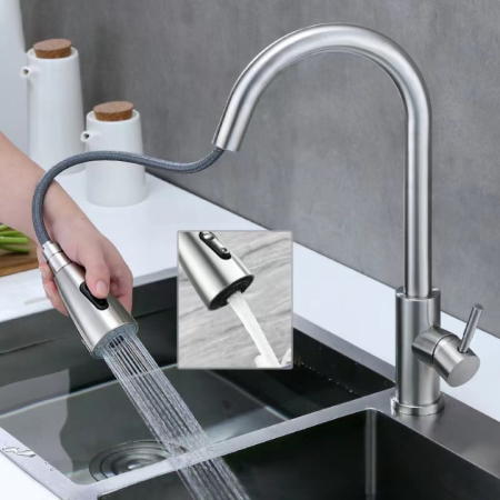 Baterie Premium pentru Chiuveta Bucatarie, SUPER TRENDS®, Duza Extractabila cu Furtun de 70 cm, Burete Vase Vileda Glitzi, Cartus Ceramic, Buton ON/OFF, 2 Tipuri Jet, Racorduri 60 cm Incluse, Pipa Inalta, Garnituri, Otel Inoxidabil, Argintiu Deschis [16]