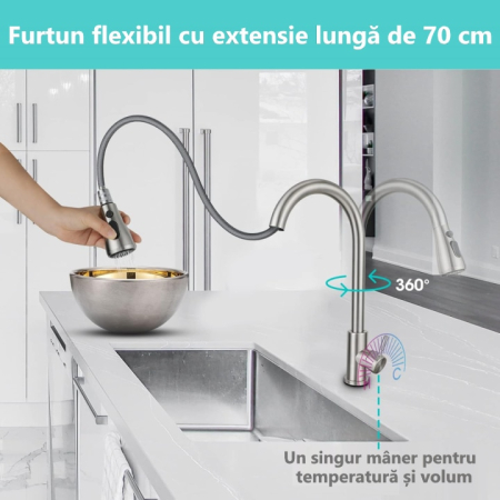 Baterie Premium pentru Chiuveta Bucatarie, SUPER TRENDS®, Duza Extractabila cu Furtun de 70 cm, Burete Vase Vileda Glitzi, Cartus Ceramic, Buton ON/OFF, 2 Tipuri Jet, Racorduri 60 cm Incluse, Pipa Inalta, Garnituri, Otel Inoxidabil, Argintiu Deschis [3]