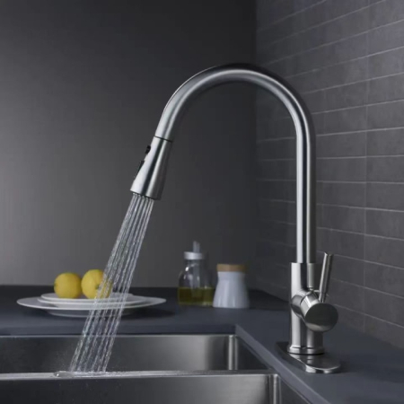 Baterie Premium pentru Chiuveta Bucatarie, SUPER TRENDS®, Duza Extractabila cu Furtun de 70 cm, Burete Vase Vileda Glitzi, Cartus Ceramic, Buton ON/OFF, 2 Tipuri Jet, Racorduri 60 cm Incluse, Pipa Inalta, Garnituri, Otel Inoxidabil, Argintiu Deschis [15]