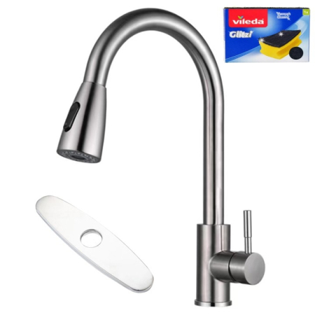 Baterie Premium pentru Chiuveta Bucatarie, SUPER TRENDS®, Duza Extractabila cu Furtun de 70 cm, Burete Vase Vileda Glitzi, Cartus Ceramic, Buton ON/OFF, 2 Tipuri Jet, Racorduri 60 cm Incluse, Pipa Inalta, Garnituri, Otel Inoxidabil, Argintiu Deschis [20]