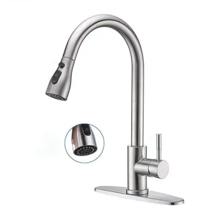 Baterie Premium pentru Chiuveta Bucatarie, SUPER TRENDS®, Duza Extractabila cu Furtun de 70 cm, Burete Vase Vileda Glitzi, Cartus Ceramic, Buton ON/OFF, 2 Tipuri Jet, Racorduri 60 cm Incluse, Pipa Inalta, Garnituri, Otel Inoxidabil, Argintiu Deschis [18]