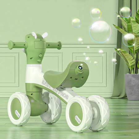 Bicicleta cu 4 Roti Pentru Copii SUPER TRENDS®, Pentru Mers si Echilibru, cu Far Colorat si Bule Colorate, 1-3 ani, Verde [6]