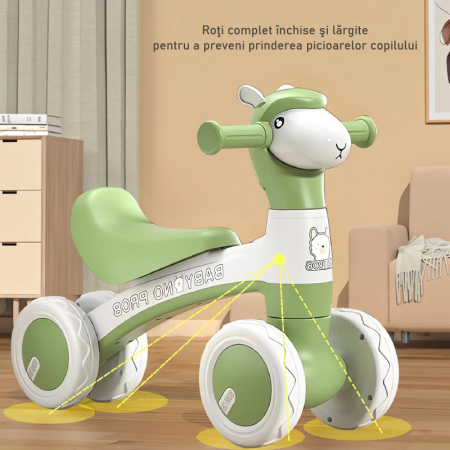 Bicicleta cu 4 Roti Pentru Copii SUPER TRENDS®, Pentru Mers si Echilibru, cu Far Colorat si Bule Colorate, 1-3 ani, Verde [5]