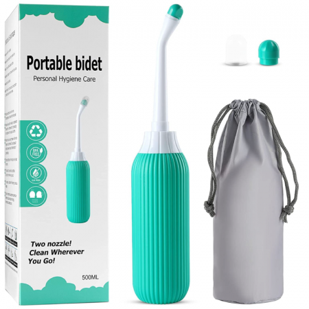 Ingrijire Personala - Bideu Portabil Pentru Calatorie Premium SUPER TRENDS®, 500 ml, 2 Duze, Verde-Alb, 22.5 x 4.5 x 4.5 cm