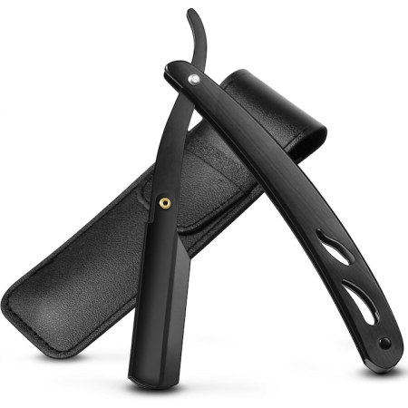Ingrijire Personala - Brici Profesional Super Trends® Din Otel Inoxidabil Cu Husa Din Piele, Brici Barbierit Si Ras Pentru Barbati, Brici Clasic Cu Lama InterSchimbabila, Brici Barba Si Contur, Set Brici Barbierit Portabil, Ideal Pentru Calatorii, Culoare Negru