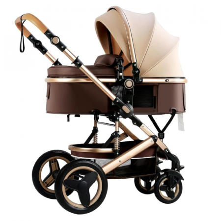 Articole Copii - Carucior Pentru Bebelusi 2 in 1 Premium SUPER TRENDS®, Landou + Modul Sport, Pliabil, Reversibil, Inalt, Pentru Calatorii, 0-3 ani, Bej-Maro