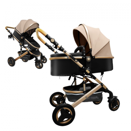 Carucior Pentru Bebelusi 2 in 1 Premium SUPER TRENDS®, Landou + Modul Sport, Pliabil, Reversibil, Inalt, Pentru Calatorii, 0-3 ani, Bej-Maro [2]