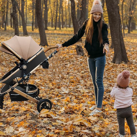 Carucior Pentru Bebelusi 2 in 1 Premium SUPER TRENDS®, Landou + Modul Sport, Pliabil, Reversibil, Inalt, Pentru Calatorii, 0-3 ani, Bej-Maro [9]