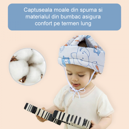 Casca de Protectie Pentru Bebelusi 9-36 Luni Premium SUPER TRENDS®, Antisoc, Reglabila, Bumbac Moale Respirabila, Alb - Albastru [6]
