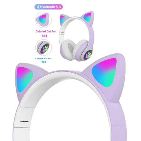 Casti Wireless Bluetooth cu Urechi de Pisica si Lumini LED Premium SUPER TRENDS®, Pliabile, LED, Mov [6]