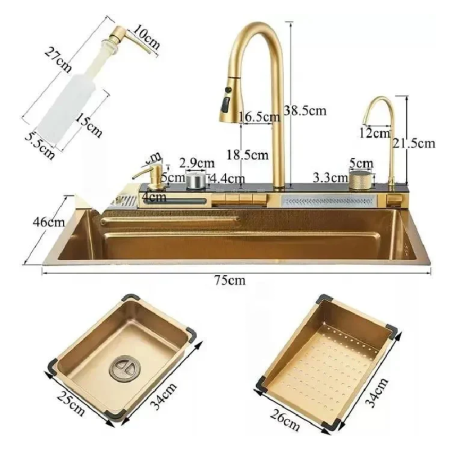 Chiuveta Multifunctionala SUPER TRENDS® Pentru Bucatarie cu 2 Cascade, Accesorii Incluse, Afisaj Digital Pentru Temperatura si Robinet Cascada, Culoare Gold, 750x460x220mm [8]