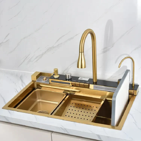 Chiuveta Multifunctionala SUPER TRENDS® Pentru Bucatarie cu 2 Cascade, Accesorii Incluse, Afisaj Digital Pentru Temperatura si Robinet Cascada, Culoare Gold, 750x460x220mm [4]