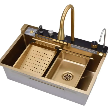 Chiuveta Multifunctionala SUPER TRENDS® Pentru Bucatarie cu 2 Cascade, Accesorii Incluse, Afisaj Digital Pentru Temperatura si Robinet Cascada, Culoare Gold, 750x460x220mm [3]