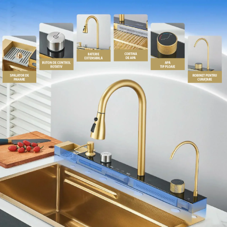 Chiuveta Multifunctionala SUPER TRENDS® Pentru Bucatarie cu 2 Cascade, Accesorii Incluse, Afisaj Digital Pentru Temperatura si Robinet Cascada, Culoare Gold, 750x460x220mm [11]