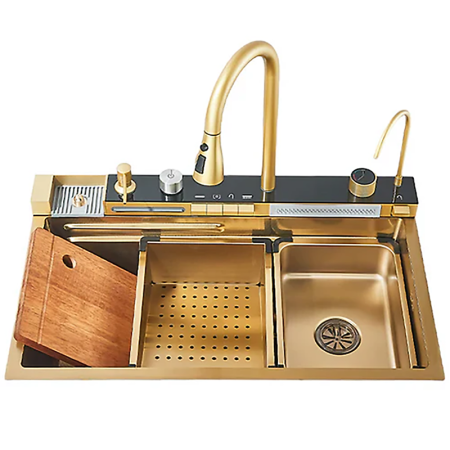 Produse - Chiuveta Multifunctionala SUPER TRENDS® Pentru Bucatarie cu 2 Cascade, Accesorii Incluse, Afisaj Digital Pentru Temperatura si Robinet Cascada, Culoare Gold, 750x460x220mm
