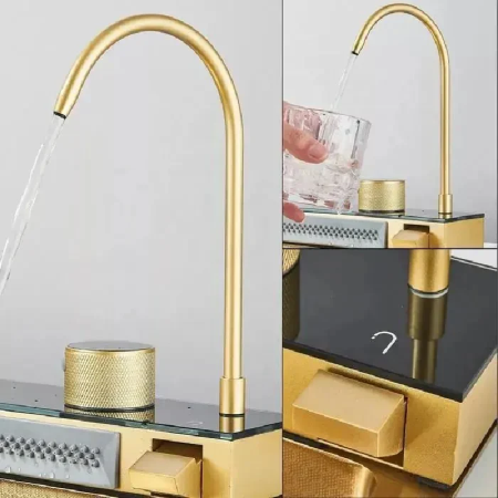 Chiuveta Multifunctionala SUPER TRENDS® Pentru Bucatarie cu 2 Cascade, Accesorii Incluse, Afisaj Digital Pentru Temperatura si Robinet Cascada, Culoare Gold, 750x460x220mm [9]