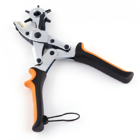 Scule & Unelte Bricolaj - Cleste de Perforat Pielea Pivotant Profesional SUPER TRENDS® cu 6 Capete Pentru Gaurit de 2, 2, 5, 3, 3, 5, 4, 4, 5 mm, Catarama de Fixare Pentru Manere, Portocaliu-Negru