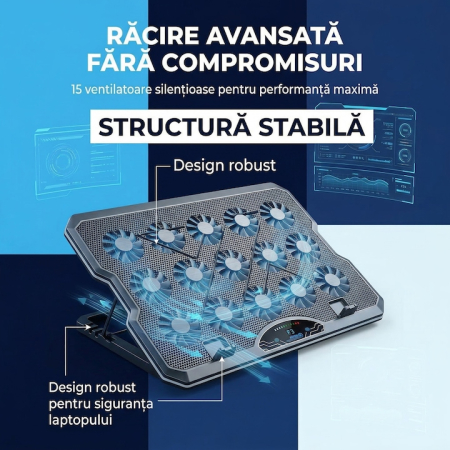 Cooler Laptop Cu 15 Ventilatoare Silentioase, Cooler Laptop Reglabil Ergonomic 7 Trepte, Suport Racire Laptop Pana La 17.3 Inch, Stand Laptop Cu Racire Eficienta, Suport Laptop Cu Ventilatie Puternica Si Suport Telefon Integrat [9]