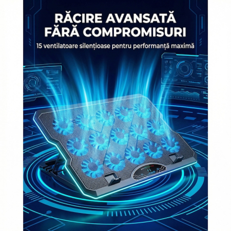Cooler Laptop Cu 15 Ventilatoare Silentioase, Cooler Laptop Reglabil Ergonomic 7 Trepte, Suport Racire Laptop Pana La 17.3 Inch, Stand Laptop Cu Racire Eficienta, Suport Laptop Cu Ventilatie Puternica Si Suport Telefon Integrat [14]