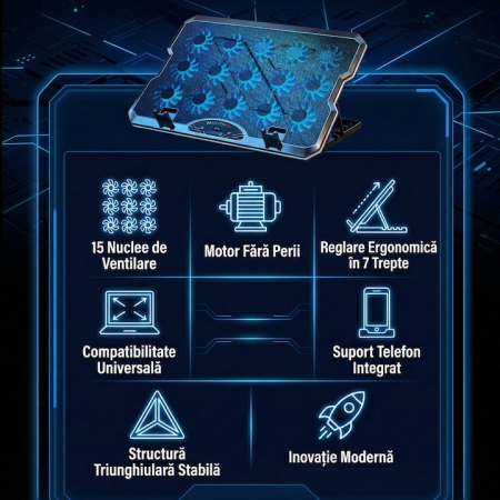 Cooler Laptop Cu 15 Ventilatoare Silentioase, Cooler Laptop Reglabil Ergonomic 7 Trepte, Suport Racire Laptop Pana La 17.3 Inch, Stand Laptop Cu Racire Eficienta, Suport Laptop Cu Ventilatie Puternica Si Suport Telefon Integrat [15]