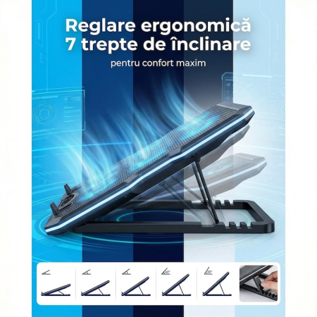 Cooler Laptop Cu 15 Ventilatoare Silentioase, Cooler Laptop Reglabil Ergonomic 7 Trepte, Suport Racire Laptop Pana La 17.3 Inch, Stand Laptop Cu Racire Eficienta, Suport Laptop Cu Ventilatie Puternica Si Suport Telefon Integrat [12]