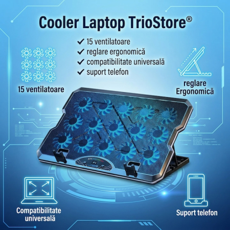 Cooler Laptop Cu 15 Ventilatoare Silentioase, Cooler Laptop Reglabil Ergonomic 7 Trepte, Suport Racire Laptop Pana La 17.3 Inch, Stand Laptop Cu Racire Eficienta, Suport Laptop Cu Ventilatie Puternica Si Suport Telefon Integrat [7]