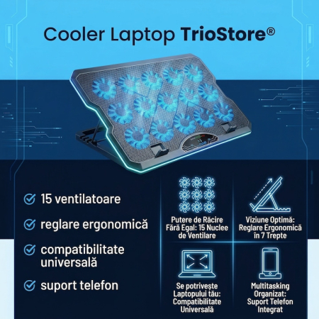 Cooler Laptop Cu 15 Ventilatoare Silentioase, Cooler Laptop Reglabil Ergonomic 7 Trepte, Suport Racire Laptop Pana La 17.3 Inch, Stand Laptop Cu Racire Eficienta, Suport Laptop Cu Ventilatie Puternica Si Suport Telefon Integrat [8]