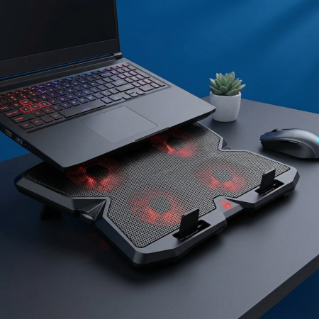 Cooler Laptop Gaming Si Office Cu 4 Ventilatoare LED, Cooler Laptop Cu Viteza Reglabila Si Racire Silentioasa 25 dB, Cooler Laptop Compatibil 11–18 Inch Cu Port USB Dublu, Design Ergonomic, Grilaj Protectie, Negru [11]