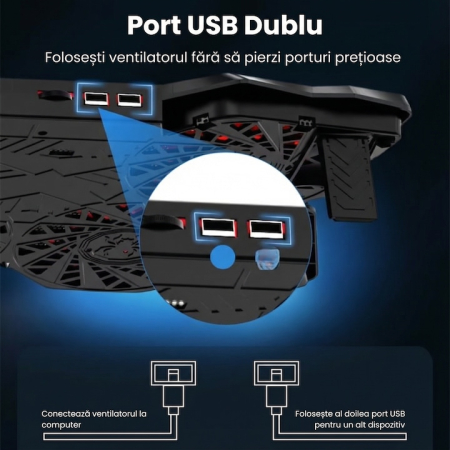 Cooler Laptop Gaming Si Office Cu 4 Ventilatoare LED, Cooler Laptop Cu Viteza Reglabila Si Racire Silentioasa 25 dB, Cooler Laptop Compatibil 11–18 Inch Cu Port USB Dublu, Design Ergonomic, Grilaj Protectie, Negru [4]
