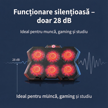 Cooler Stand Laptop Cu 6 Ventilatoare Si Viteza Reglabila A Turatiilor, Cooler Laptop Universal Pana La 18 Inch Ajustabil, Cooler Laptop Cu 2 Porturi USB, Design Ergonomic, Negru [16]