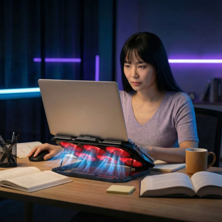 Cooler Stand Laptop Cu 6 Ventilatoare Si Viteza Reglabila A Turatiilor, Cooler Laptop Universal Pana La 18 Inch Ajustabil, Cooler Laptop Cu 2 Porturi USB, Design Ergonomic, Negru [19]