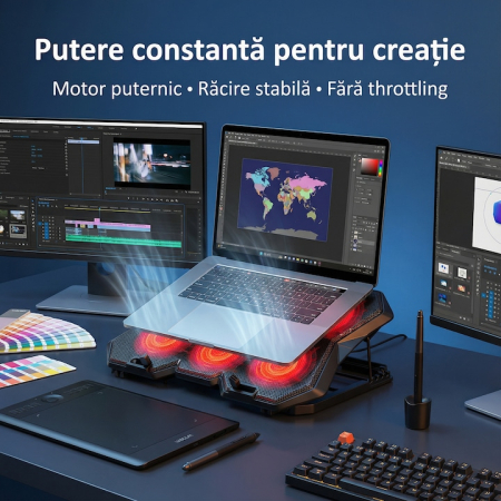 Cooler Stand Laptop Cu 6 Ventilatoare Si Viteza Reglabila A Turatiilor, Cooler Laptop Universal Pana La 18 Inch Ajustabil, Cooler Laptop Cu 2 Porturi USB, Design Ergonomic, Negru [18]