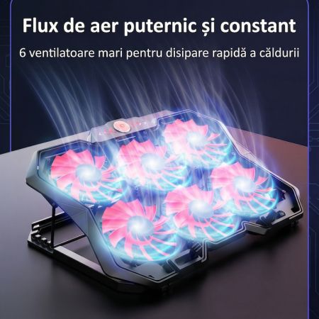 Cooler Stand Laptop Cu 6 Ventilatoare Si Viteza Reglabila A Turatiilor, Cooler Laptop Universal Pana La 18 Inch Ajustabil, Cooler Laptop Cu 2 Porturi USB, Design Ergonomic, Negru [5]