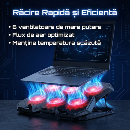 Cooler Stand Laptop Cu 6 Ventilatoare Si Viteza Reglabila A Turatiilor, Cooler Laptop Universal Pana La 18 Inch Ajustabil, Cooler Laptop Cu 2 Porturi USB, Design Ergonomic, Negru [2]