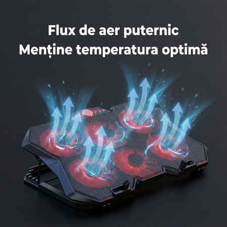 Cooler Stand Laptop Cu 6 Ventilatoare Si Viteza Reglabila A Turatiilor, Cooler Laptop Universal Pana La 18 Inch Ajustabil, Cooler Laptop Cu 2 Porturi USB, Design Ergonomic, Negru [4]