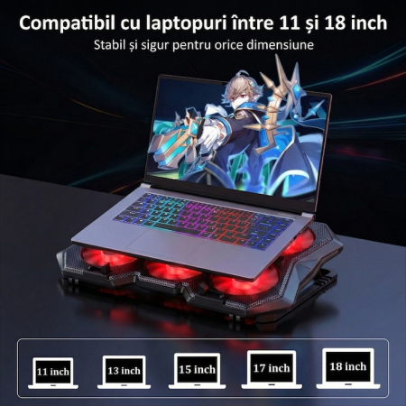 Cooler Stand Laptop Cu 6 Ventilatoare Si Viteza Reglabila A Turatiilor, Cooler Laptop Universal Pana La 18 Inch Ajustabil, Cooler Laptop Cu 2 Porturi USB, Design Ergonomic, Negru [3]